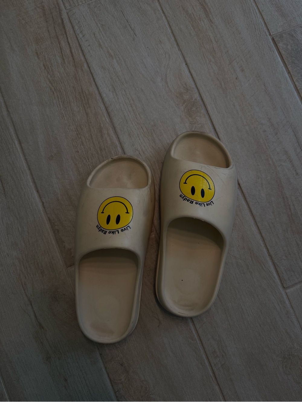 Beige Slide Sandals with Yellow Smile Graphic